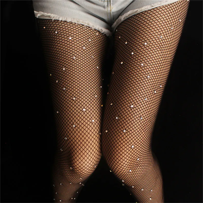 Women\'s Sexy Crystal Bling Stockings Rhinestone Fishnet Flash Mesh Ladies Skinny Sequins Pantyhose for Female Night Clubwear