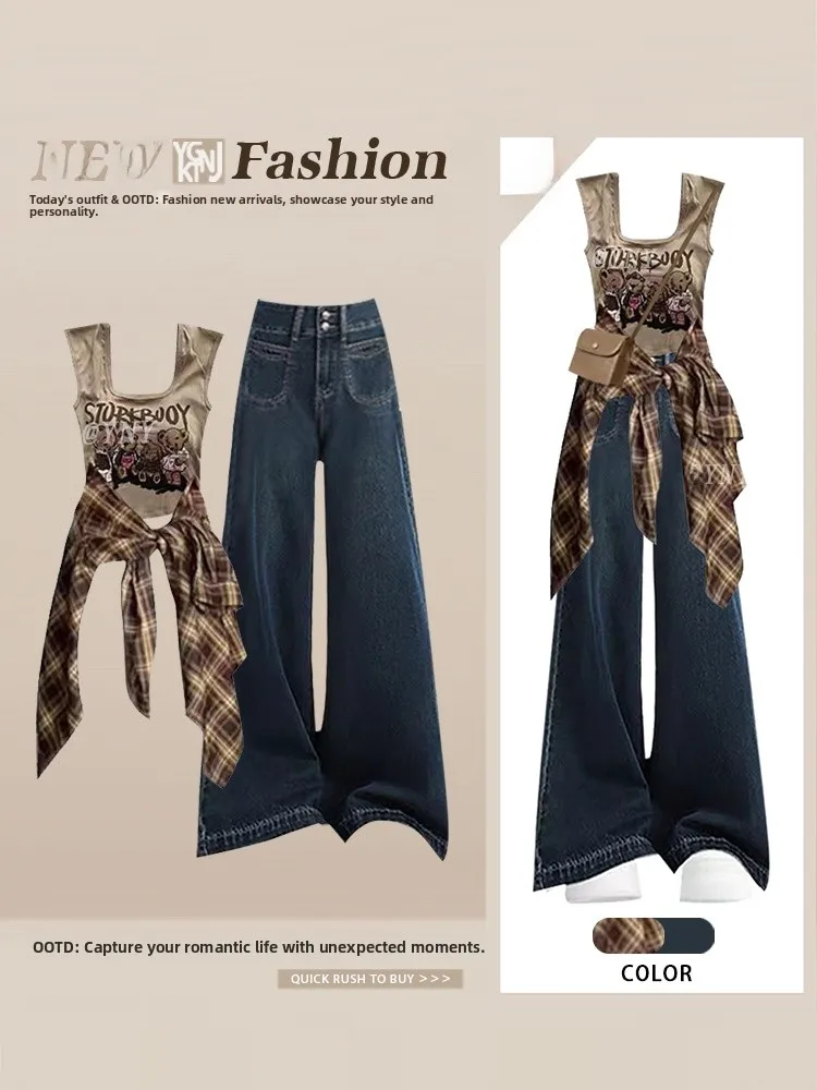 

American Style Streetwear Letter Print Spicy Girl Khaki Vest Lazy Plaid Shirt High Waist Wide Leg Jeans Three Piece Set