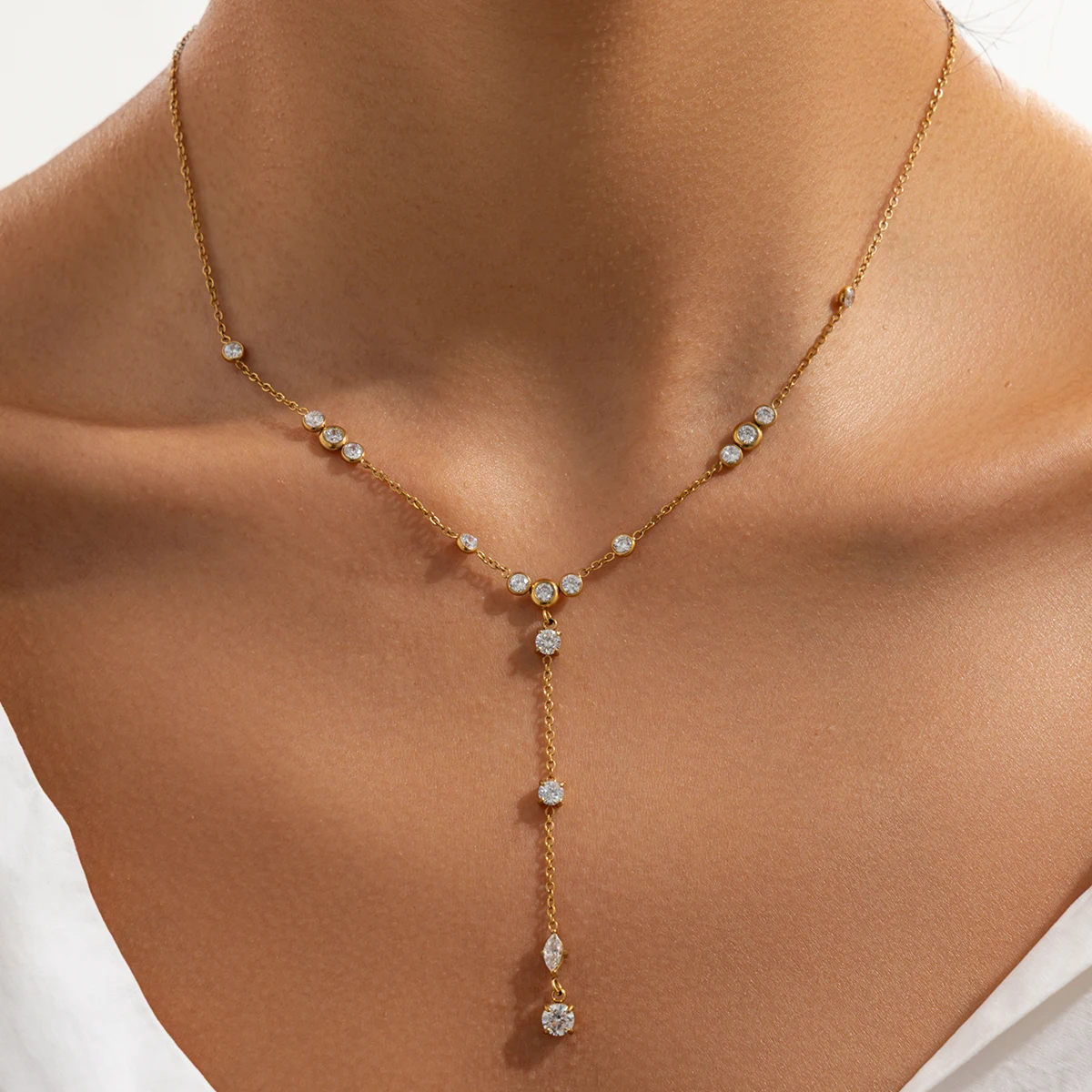 Lacteo Retro 18K Gold Plated Stainless Steel Choker Necklace Women Elegant Zircon Pendant Clavicle Chain Waterproof Neck Jewelry