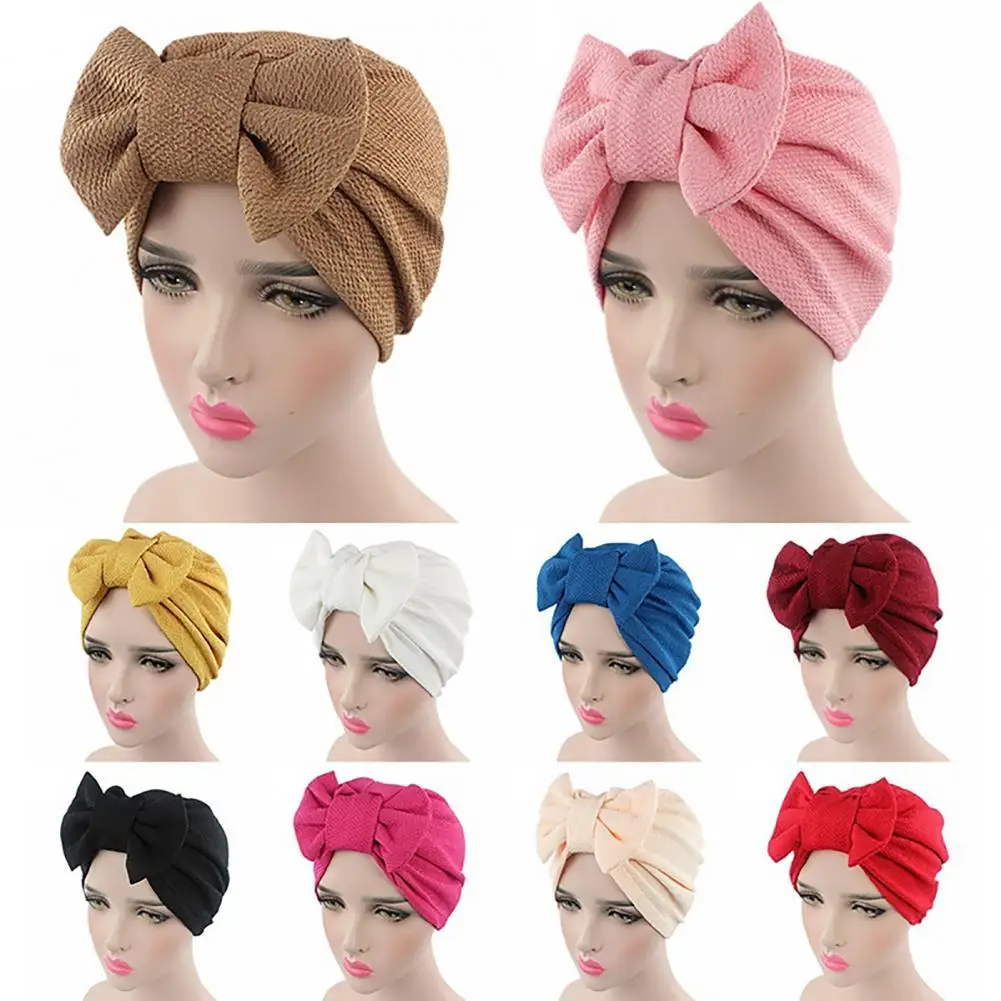 Muslim Topi Padat Wanita Ikatan Simpul Besar Jilbab Melar Topi Turban Syal Headwear Topi Kepala Pembungkus Kemo Beanies Pita Aksesori Rambut