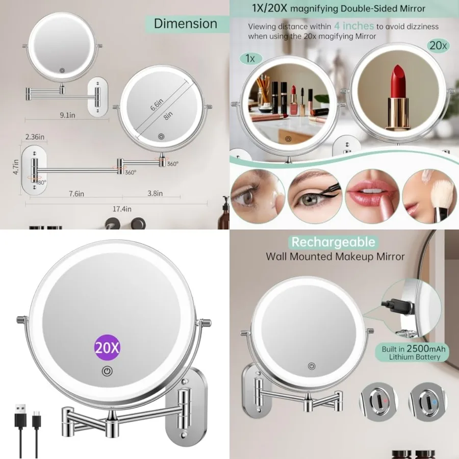 

2500mAh Rechargeable Wall Mounted Lighted Makeup Vanity Mirror 8 Inch Double Sided 1X 20X Magnifying Bathroom Mirror, 3 Color L
