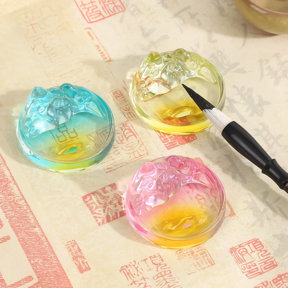 Gradient Colored Glaze Round Mountain Ink Dish, Embossed Ink Pond Compact Tray for Calligraphy Painting Stationery Decor Gift