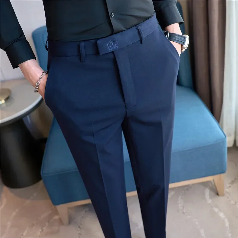 Men's Casual Trousers, High-Grade Embroidered Trousers, Navy Blue Business Casual Ankle-Length Pants, Luxury Genuine