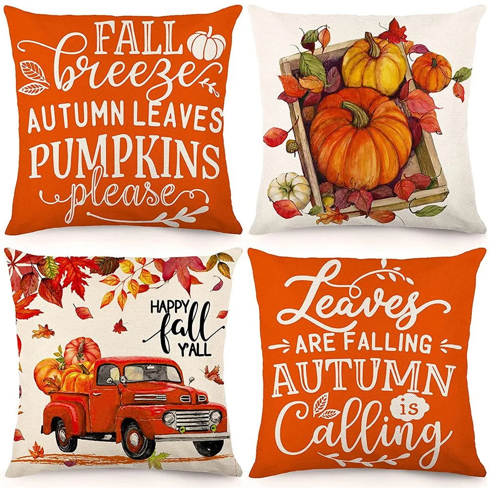 DN-Fall Pillow Covers 18X18 Set Of 4 Outdoor Throw Pillowcase Farmhouse Thanksgiving Decorations For Home Decor