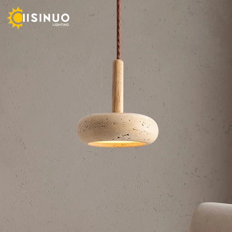 Wabi Sabi Yellow Travertine Stone Pendant Lights Hanging Bedside Small Droplight Round Wood Decora Lighting for Corridor Bedroom