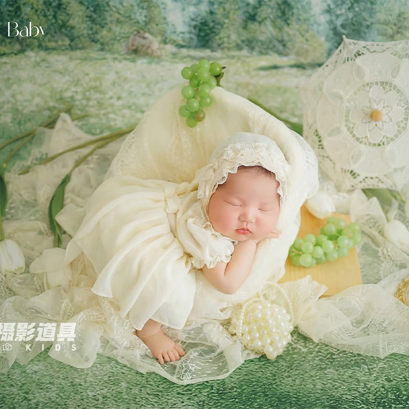 宮廷風ベビーガールレースチュールドレスとレースボンネット新生児写真撮影用小道具油絵風幼児写真撮影衣装