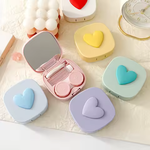 Colorful Square Heart-Shaped Contact Lens Box, Contact Lens Storage Box, Portable Mirror, Cute Glasses Companion Box