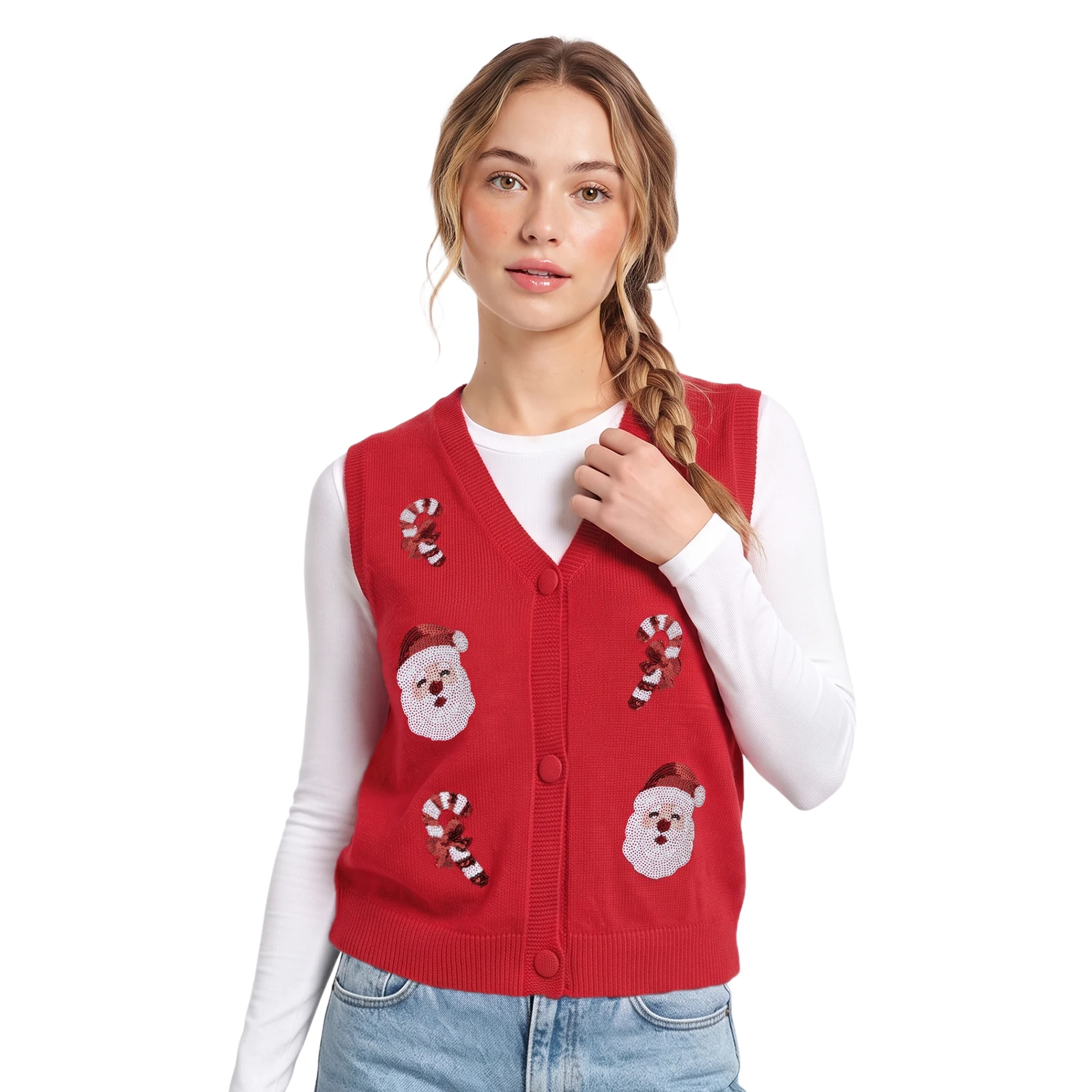 Women Christmas Sweater Vest Button Up V Neck Sleeveless Knitted Tank Tops