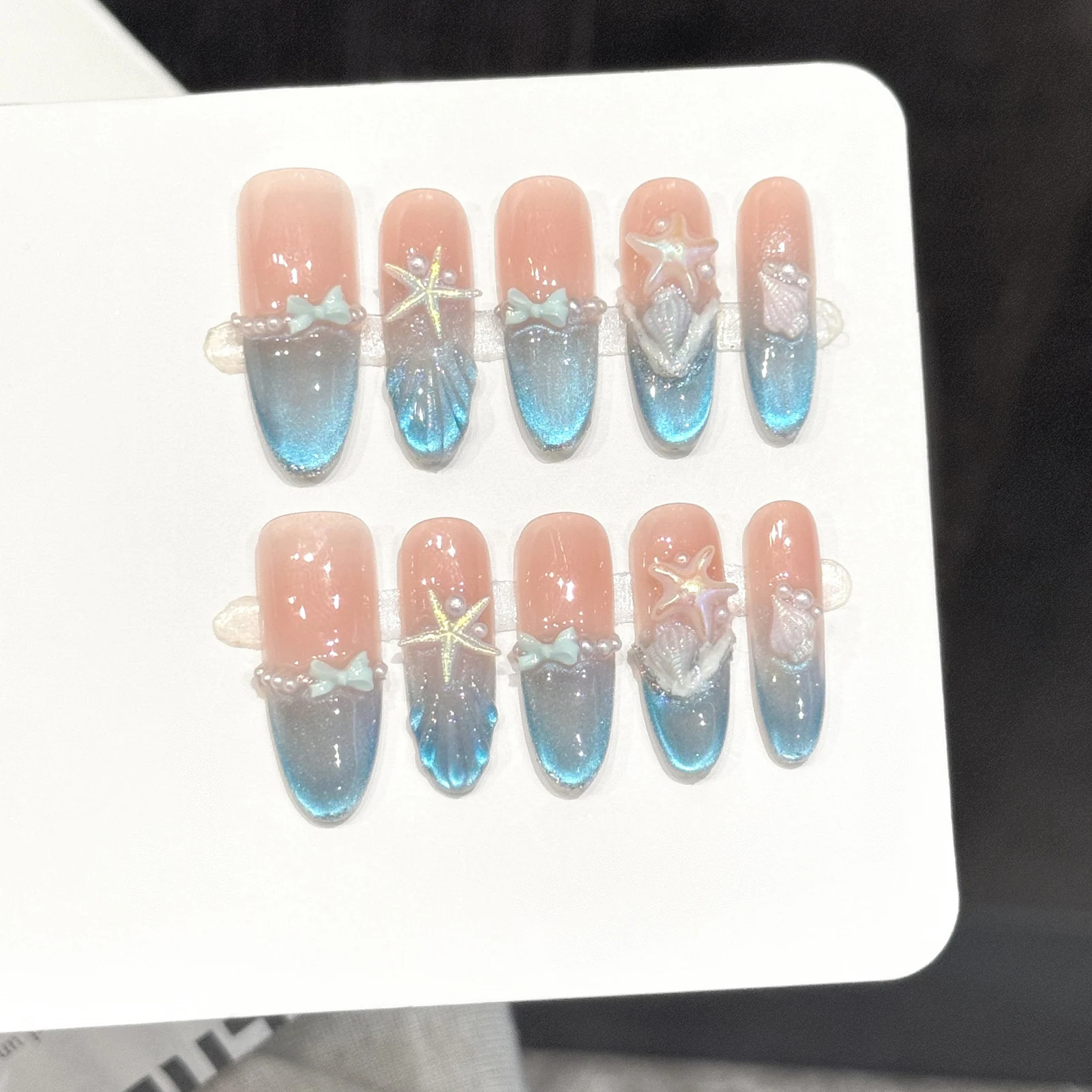 10pcs Handmade Summer Ocean Fake Nails Romantic 3D Blue Shells Starfishes Designs Press On Nails Long Almond French False Nail