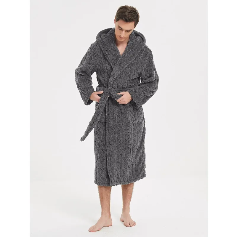Plus-Size Fall/Winter Warm Jacquard Cotton-Blend Fleece Couples' Double-Layer Hooded Robes—european and American Style Loungewea