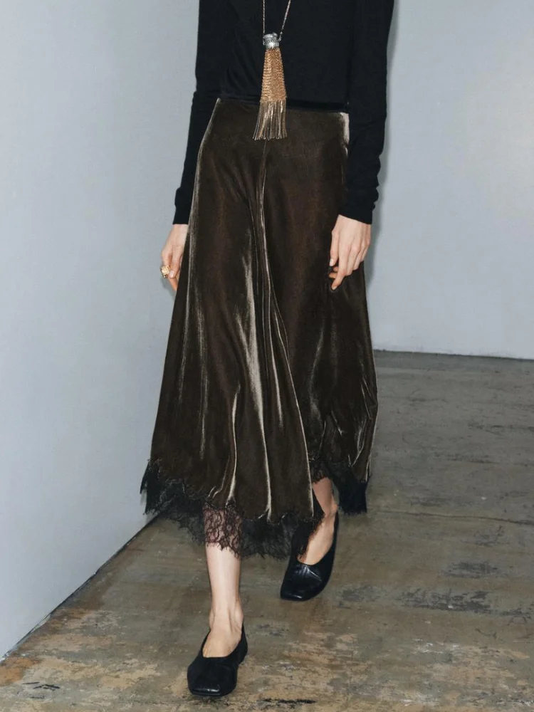 Elegant Lace Patchwork Velvet Long Skirt Women Casual Solid Waist Cinching Mid-length Bottom Lady 2025 Party Daily Street Skirts