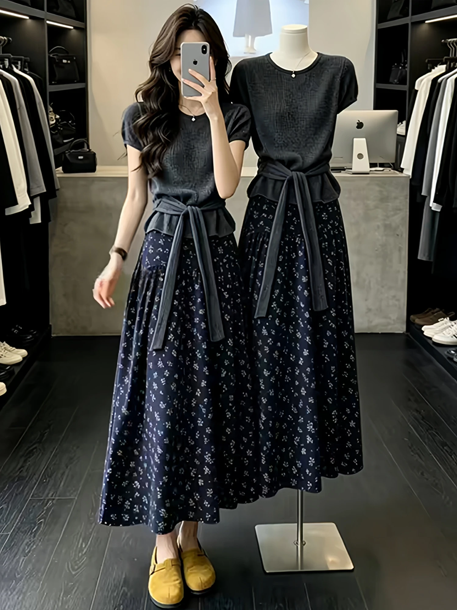 

Unique Beautiful Summer Initials Knitted Short Sleeve T-Shirt Half Skirt Two-Piece Set Casual Style High Waist Breathable