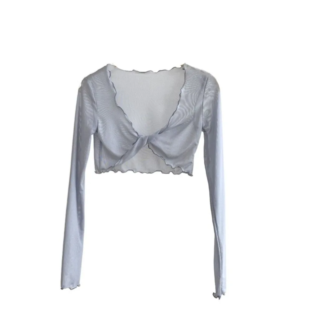 

Comfortable Ruffle Mesh Knot Cardigan Long Sleeve See Through Transparent Cardigan Short V-neck Sun Protection Tops Women