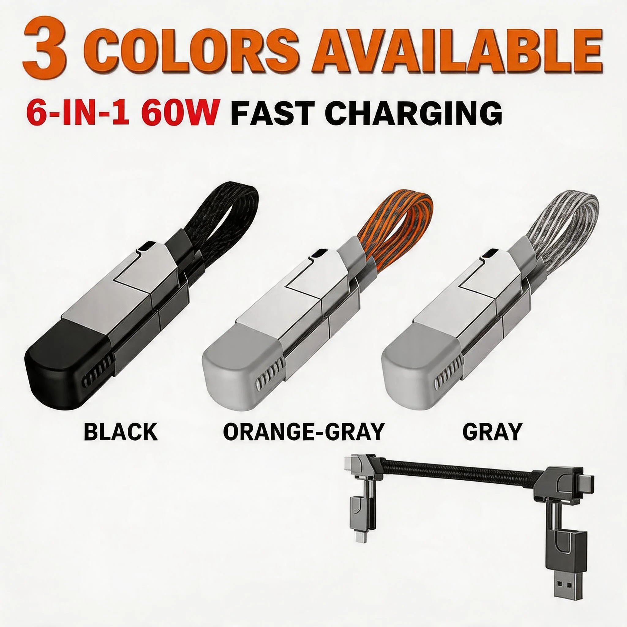 6 In 1 Multi Fast Charging Cable Keychain Pd for Apple Iphone Lightning Andriod Type-C 60W Qc 18W Fast Charging Data Cable