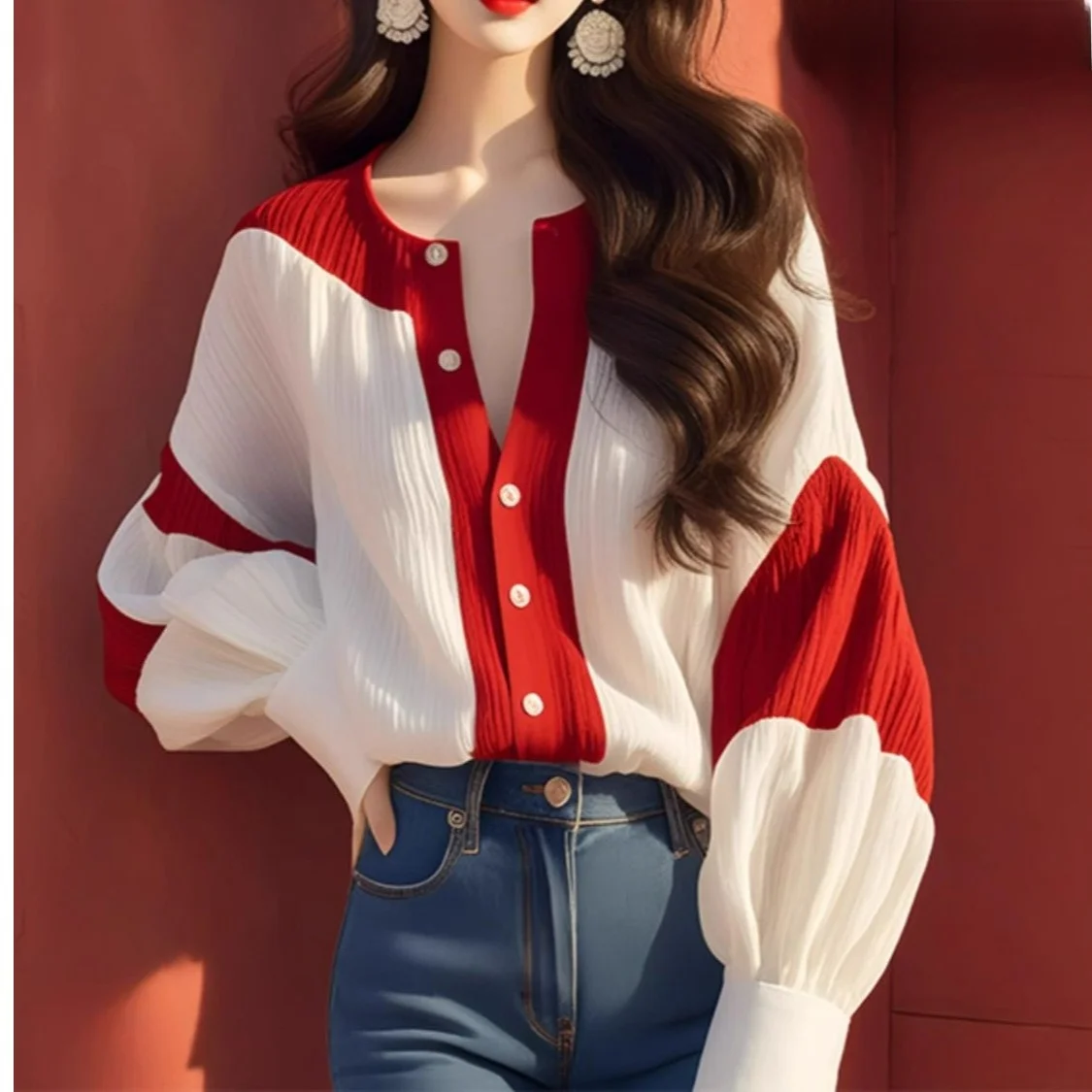 

Красный и белый цвет Blo Lantern Sve шифоновый irt Ele модный топ на пуговицах для женщин, осень 2024, полиэфирное волокно