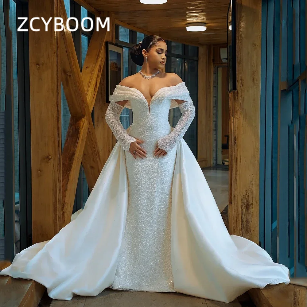 Customized Elegant Off the Shoulder Ivory Bridal Gown Mermaid Backless Detachable Train Wedding Dress Beading Vestido De Noiva