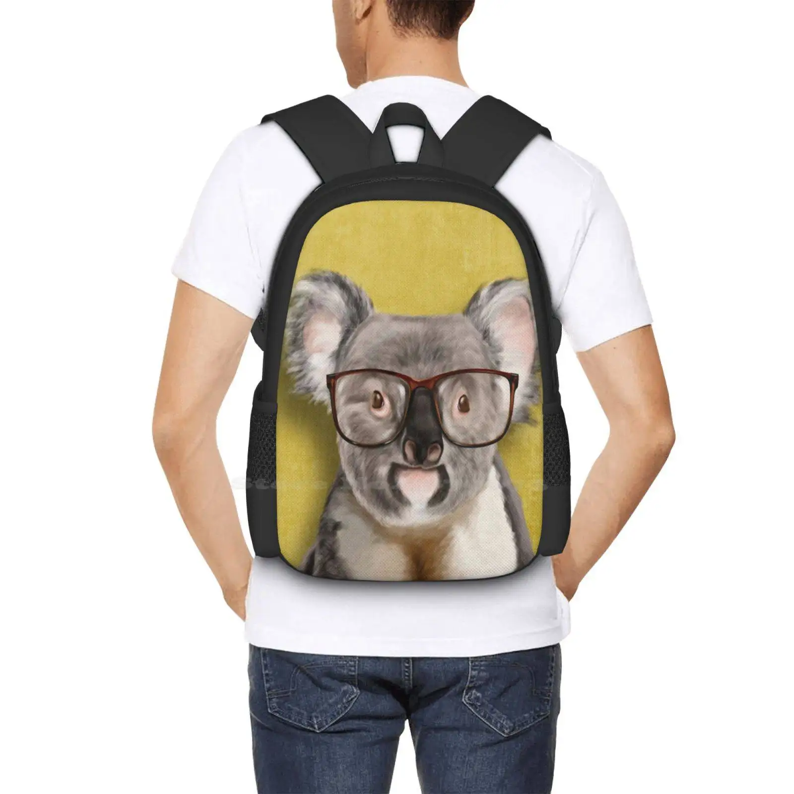 Mr Koala-mochila escolar de gran capacidad para ordenador portátil, bolsa con gafas amarillas para mascotas, osito de peluche, Koala de raza divertida, retrato de Koala