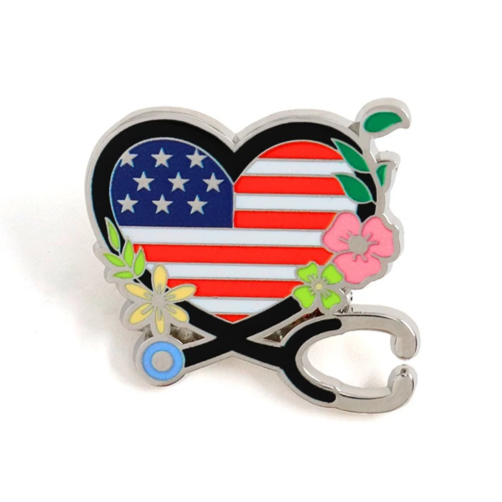 American Patriotic Medical Lapel Pin Flag Heart Shape Stethoscope Badge Collar Lapel Pin