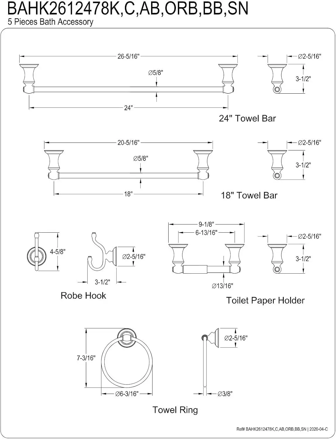 Kingston BAHK2612478AB Bars Bathroom Accessory Set, Antique Brass | Provence collection; 5-Piece 18