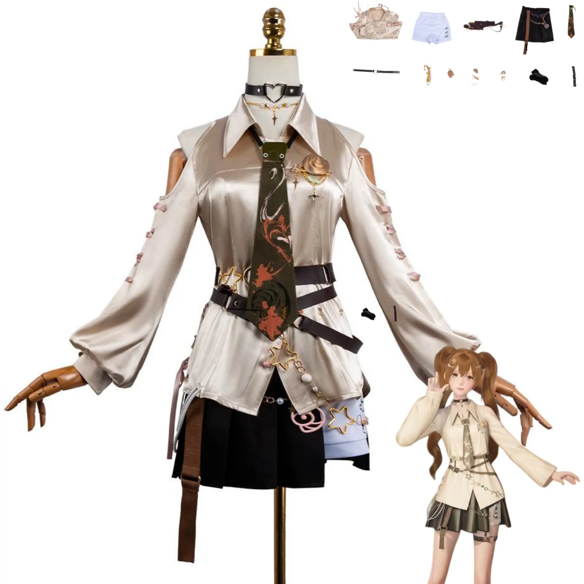 

Костюм для косплея по аниме-игре Infinity Nikki: коричневый топ с открытыми плечами, рубашка, юбка, униформа, аксессуары, женский сексуальный милый карнавальный костюм