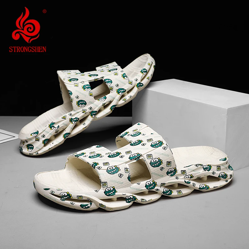 STRONGSHEN Summer Men Fashion Cartoon Slippers Outdoor Non-slip Blade Beach Shoes Home House Room Home Slipers Soft Flip-flops