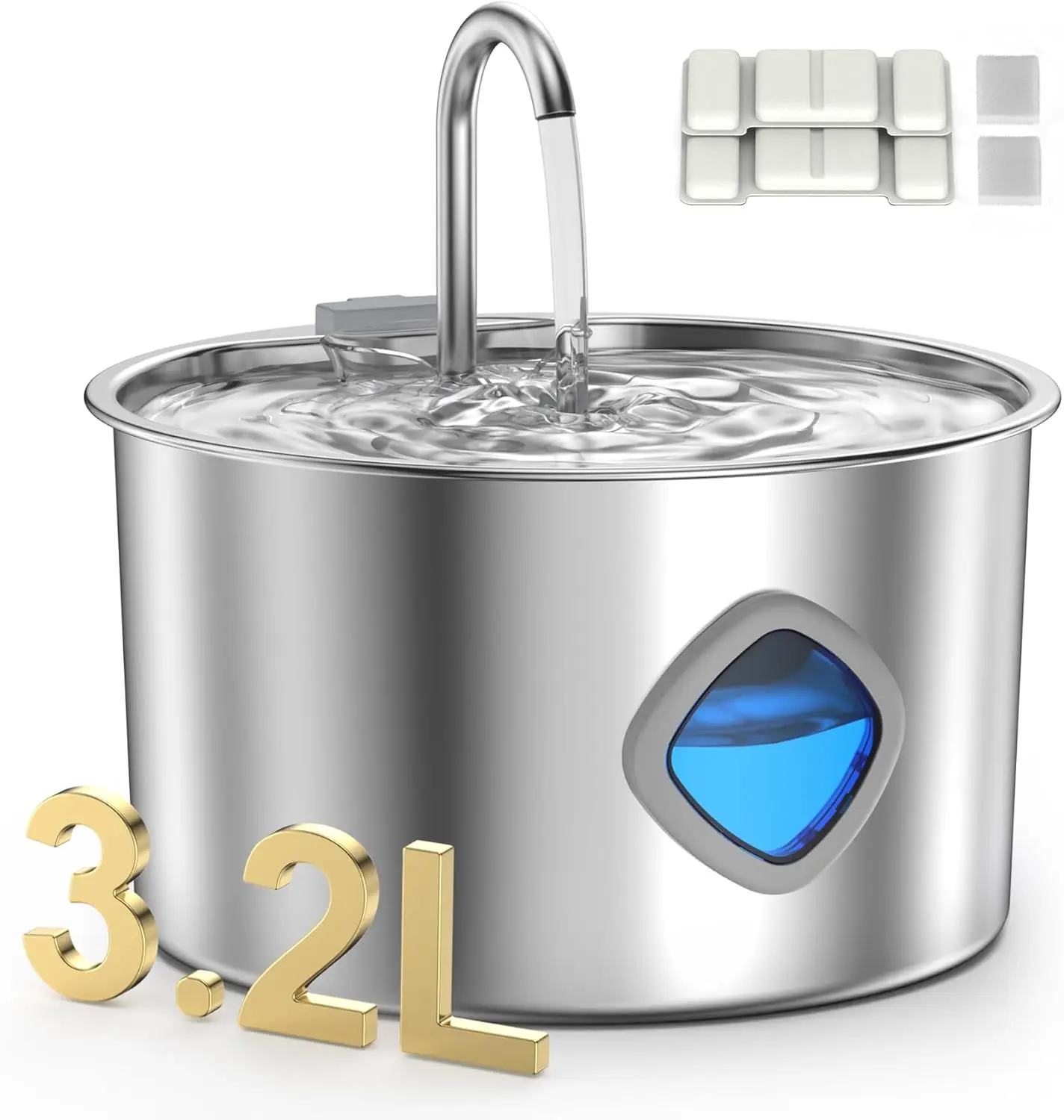 

Автоматический бесшумный фонтан-поилка для кошек из нержавеющей стали 304, 3,2 л (108 унций), с 2 фильтрами и 2 губками