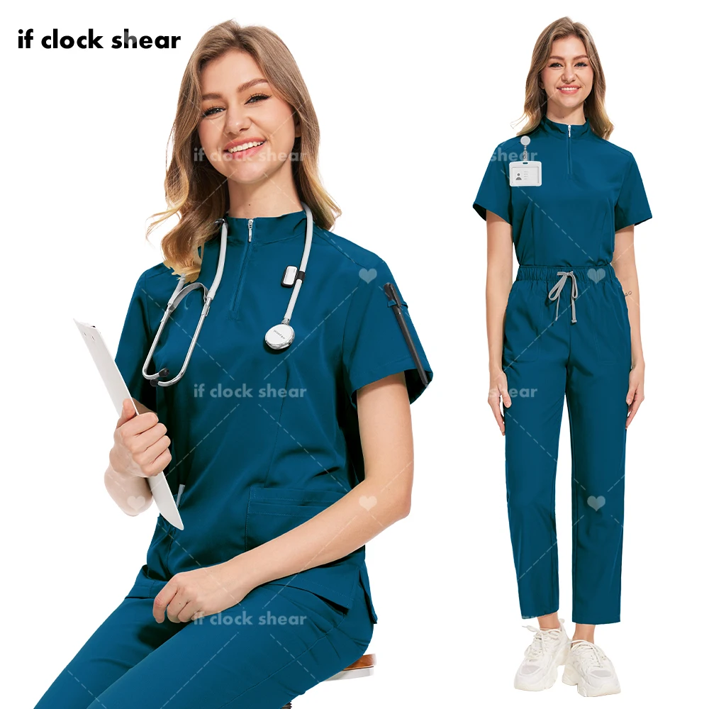 

Nurse Set Women Casual Short Sleeve Apparel Pharmacy Work Clothes Stand-up Collar Zipper Medical Hospital Doctor Nursing Uniform