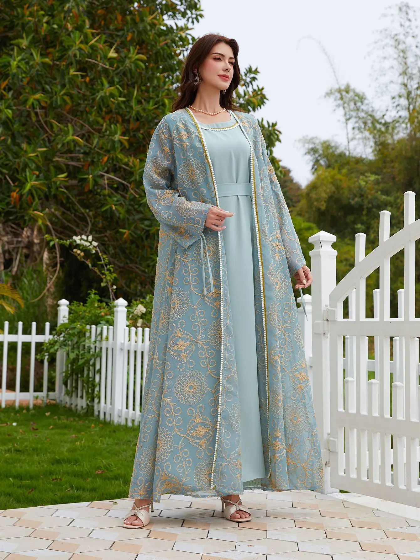 Eid femmes Robe Abaya 2 pièces ensemble à lacets Caftan musulman Ramadan Jalabiya dubaï longue Robe maroc Islam robes Largos 2025