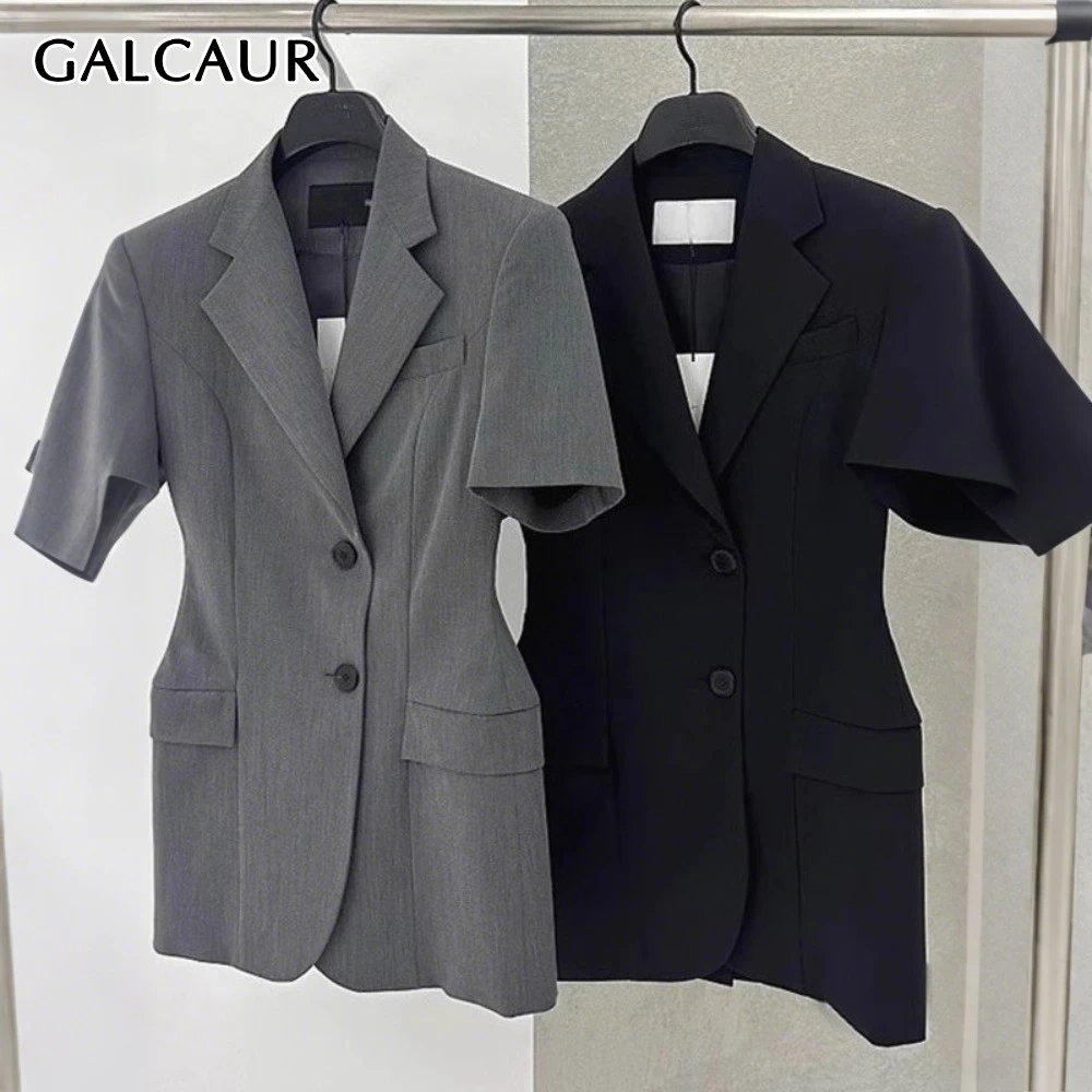 

GALCAUR Black Spliced Pocket Jacket Female Lapel Short Sleeve Patchwork Single Breasted Slimming Women's Jackets Style Fashion