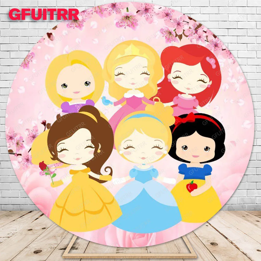 Disney Little Princess Backdrop Round Family Portrait Kid Birthday Party Decoration Photography Background Baby Shower Booth