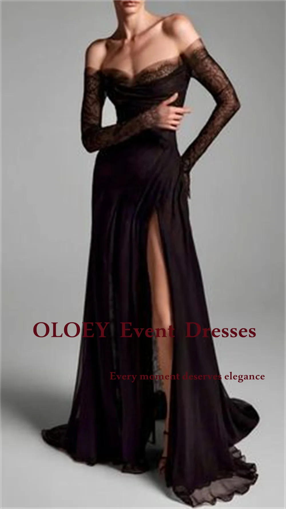 OLOEY Sexy Black Prom Dresses Off Shoulder Full Sleeves Wedding Party Gowns Illusion Sweetheart Neck Side Slit Customized image 2