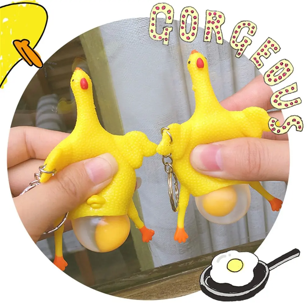 

New Funny Spoof Tricky Gadgets Green Dinosaur Beans Toy Chicken Egg Laying Hens Crowded Stress Ball Keychain Keyring Relief Gift