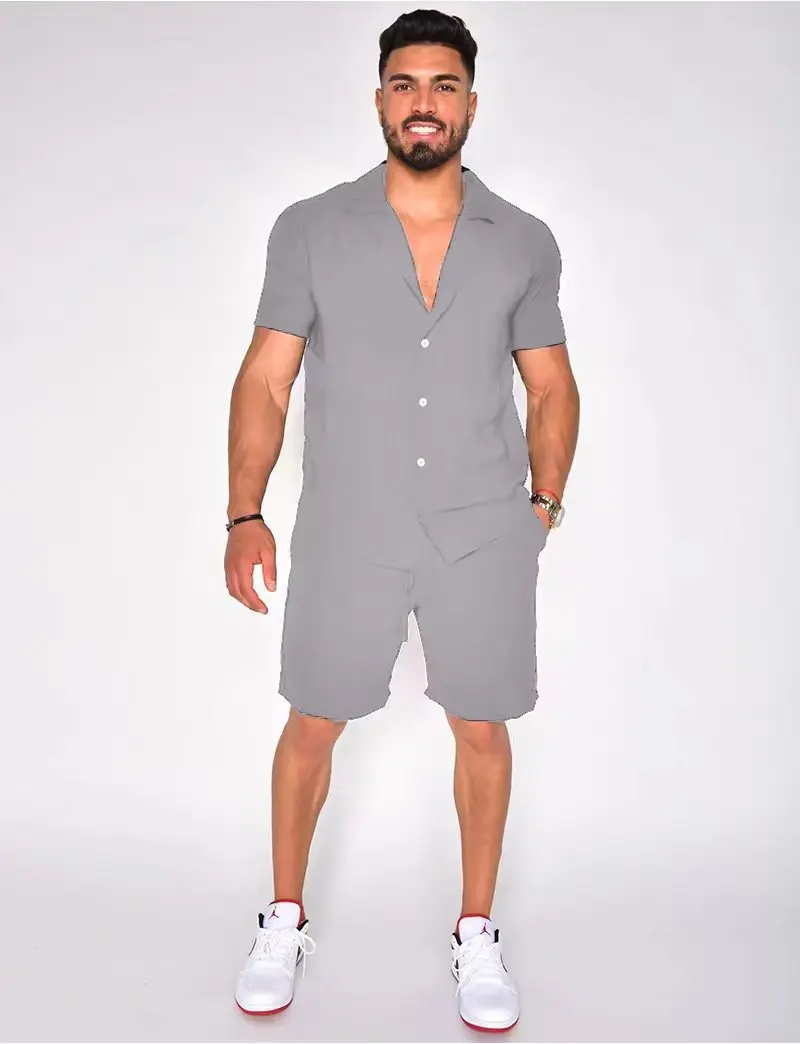 2024  New Style Men\'s Summer Lapel Cotton Linen Solid Color Casual Short Sleeve Shorts Set S-3XL