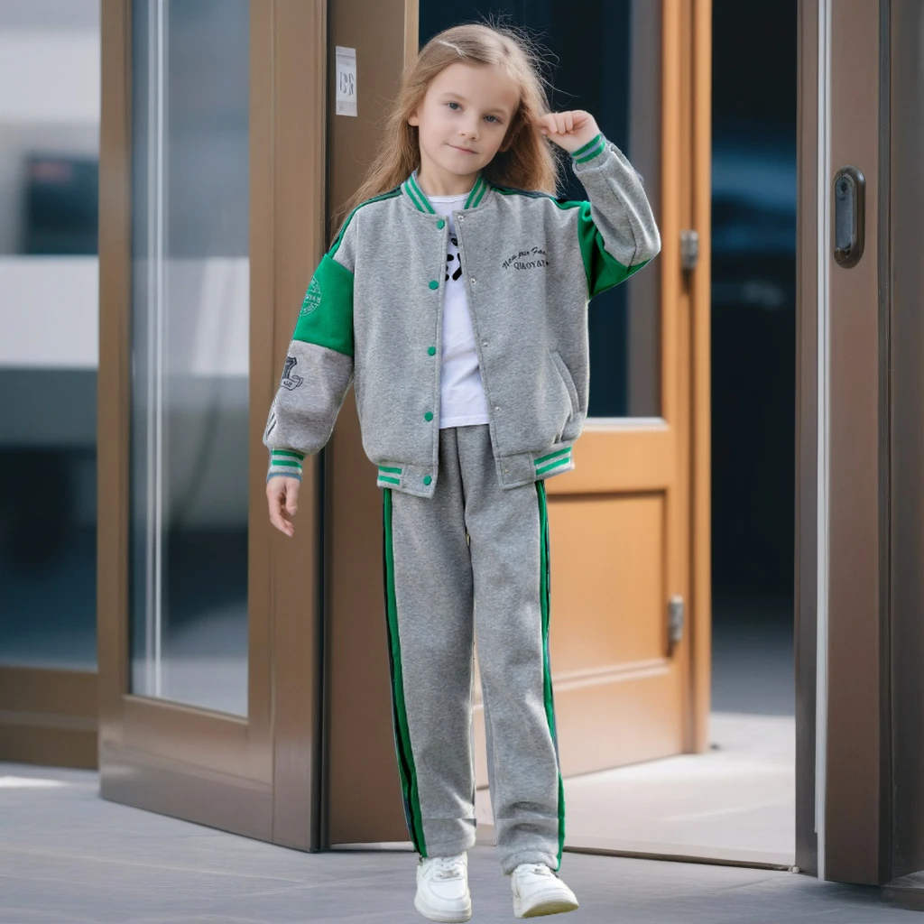 Kids Girls Varsity Jacket Set Grey 2 Piece Sporty Tracksuit Soft Cotton Blend Activewear for School Outdoor Casual Daily Outfit