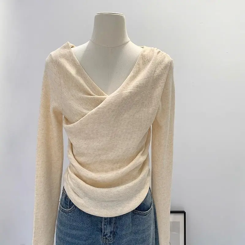

Французский шикарный женский пуловер с нерегулярным v-образным вырезом, осенний модный облегающий вязаный свитер с длинными рукавами, женская универсальная верхняя одежда