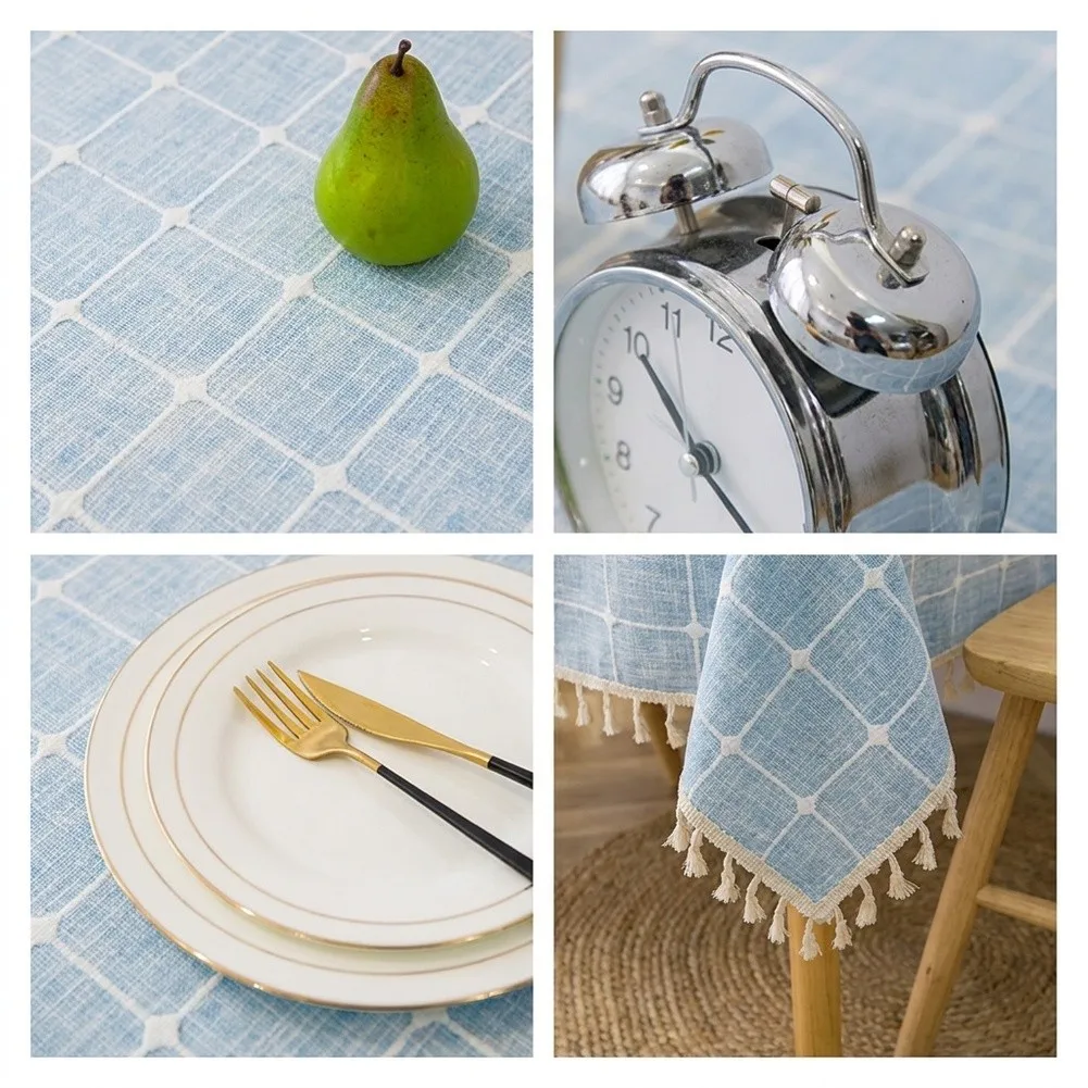 Oil Resistant Grid Design For Tablecloth with Four-Side Tassel Border Linen Blend Fabric 140 220CM for Living Room