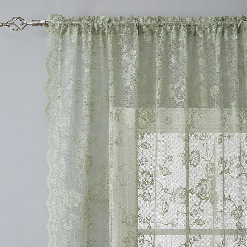 French Style Embroidered Rose Lace Curtains, Rod Pocket Semi-Sheer Voile Window Treatments for Bedroom Living Room