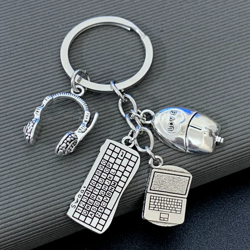 Zinc alloy computer themed keychain with laptop, mouse, and keyboard accessories - men's casual and fashionable metal keychain
