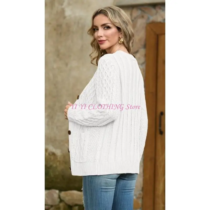 N5KF Women's Cardigan with Pockets Chunky Knit Sweater Long Sleeve Top Button-Up Winter Outerwear