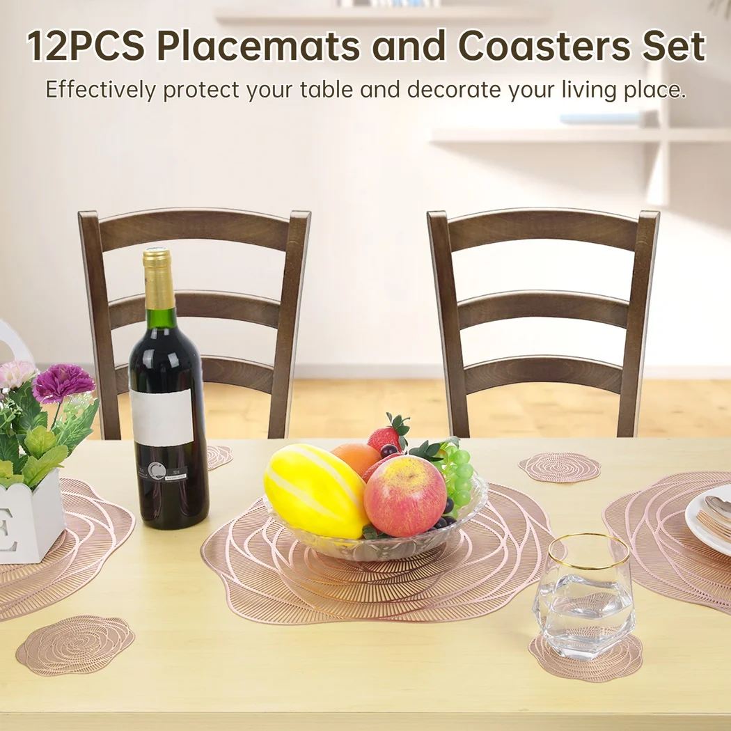 12Pcs Placemats And Coasters Set Rose Golden Round Pressed Place Mats Heat-Proof Kitchen Mats Washable Dining Table Centerpieces