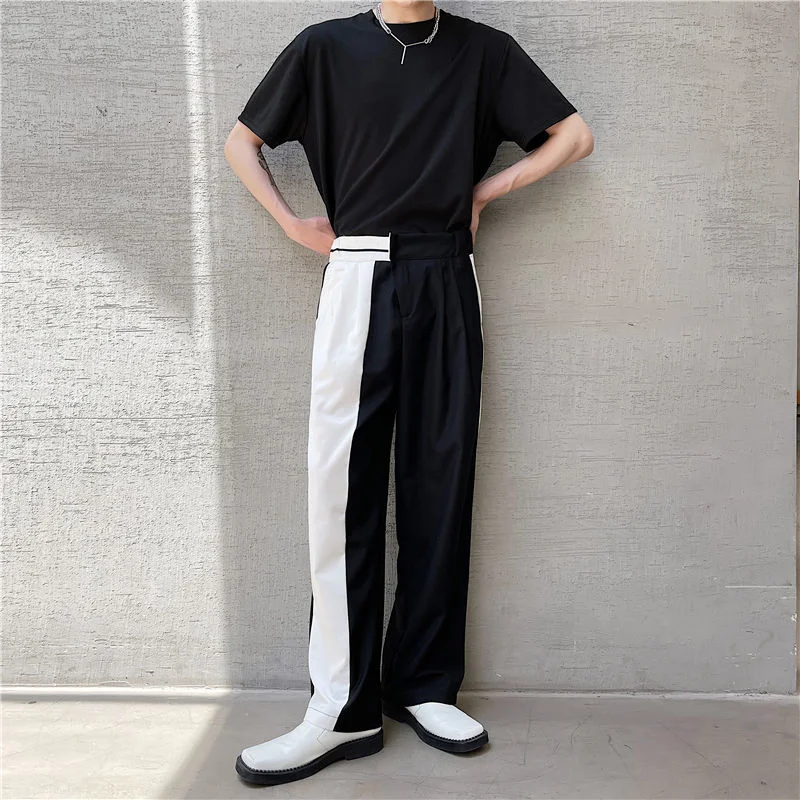 2022 Men's New Fashion Style Personalized Trend Trousers Black White Matching Patchwork Loose Casual Elastic Straight Pants