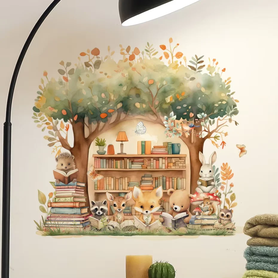 Cute Woodland Animals are learning Wall Stickers for Kids Room Wallpaper for Children Bedroom Living Room Nursery Decoration