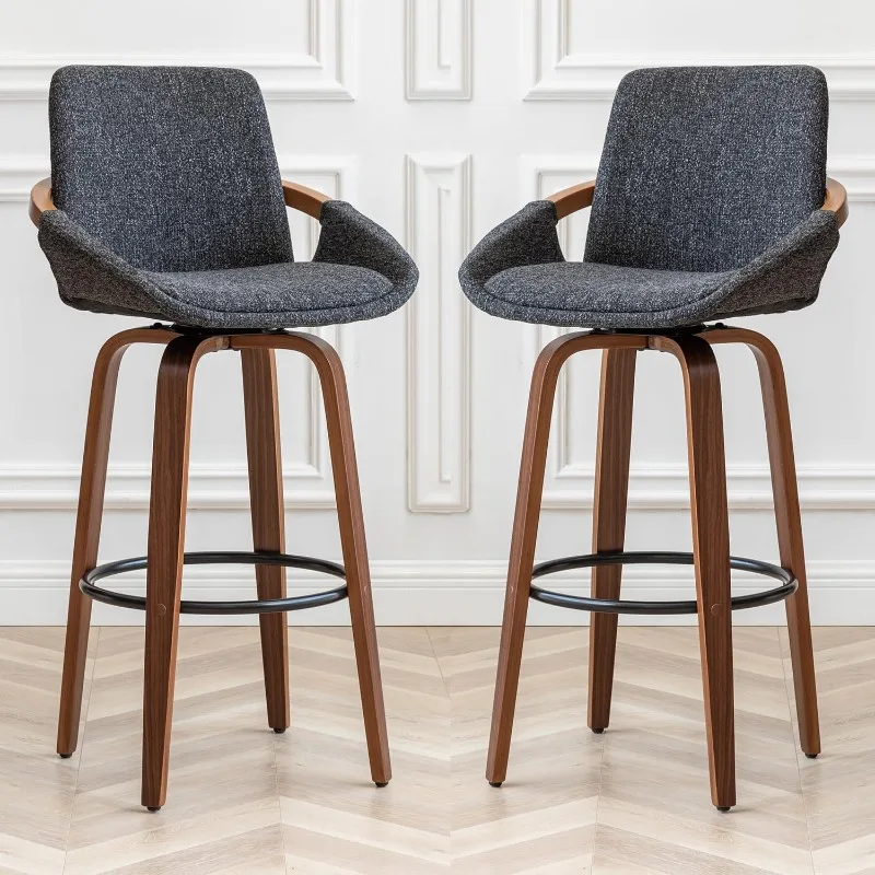 

25.6" Bar Height Barstools Set of 2 Mid Century Modern Retro Bar Chairs Charcoal Grey Linen Look Fabric Upholstered for Bar