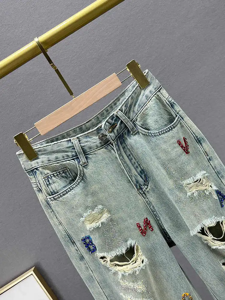 Letnie damskie spodnie jeansowe z dziurami moda codzienna luźny napis drukuj Rhinestone spodnie żebraka wysokiej talii cienkie dżinsy z prostymi nogawkami