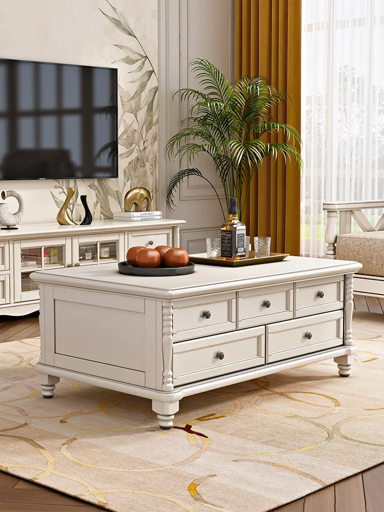 Taomeiting American white solid wood coffee table TV cabinet combination furniture Modern living room Nordic log Kung Fu coffee