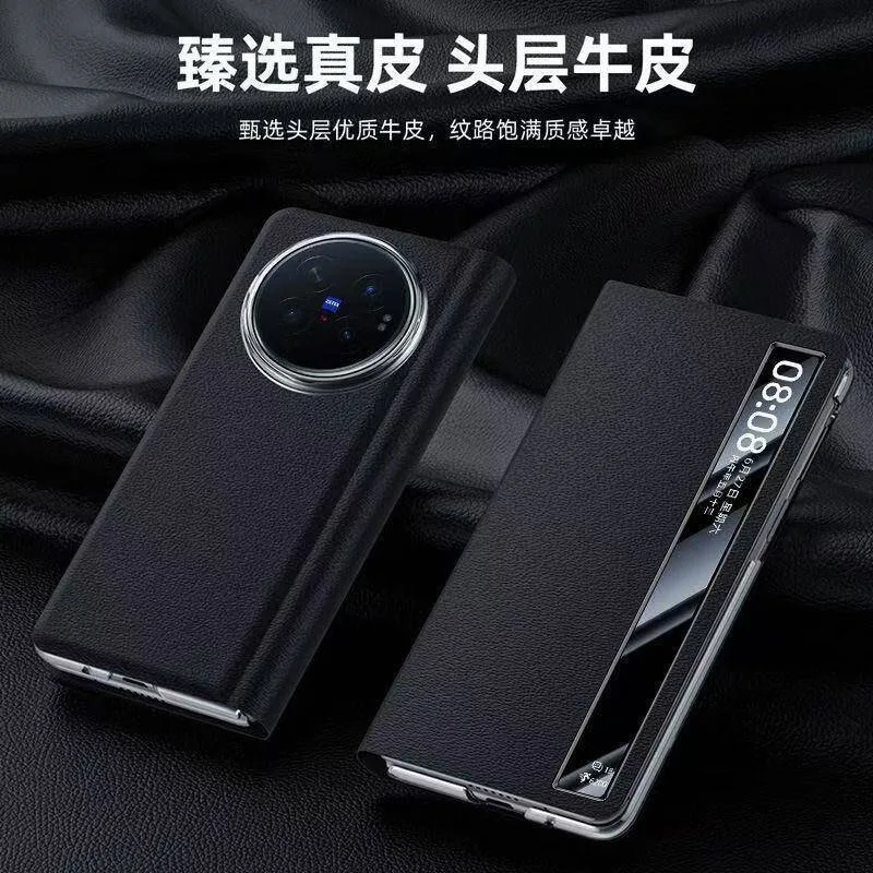 Wobiloo Luxury Genuine Leather Smart Window Protective Case For Vivo X Fold6 Fold 6 Collection Version Clamshell Folding Cover