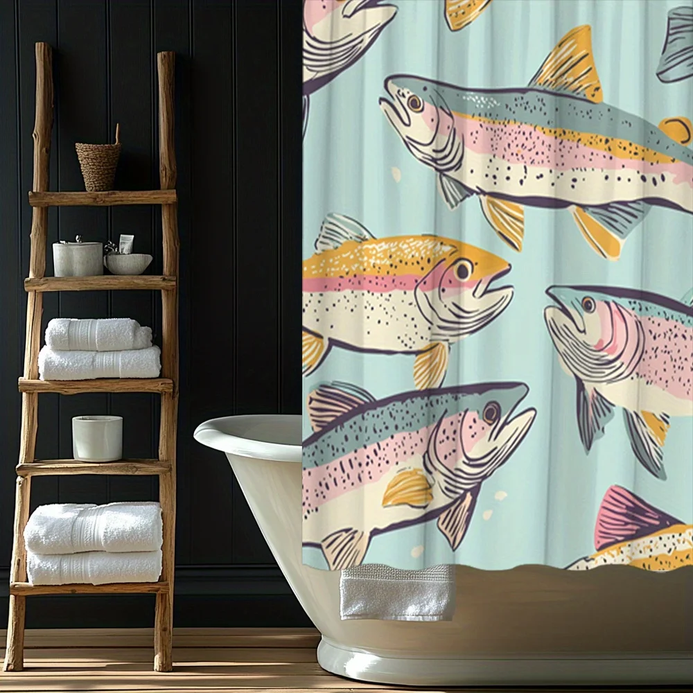 Shower Curtain Vibrant Trout Fish Mid-Century Modern Light Teal Colorful Design Polyester 70.8x70.8 Inch Machine Washable