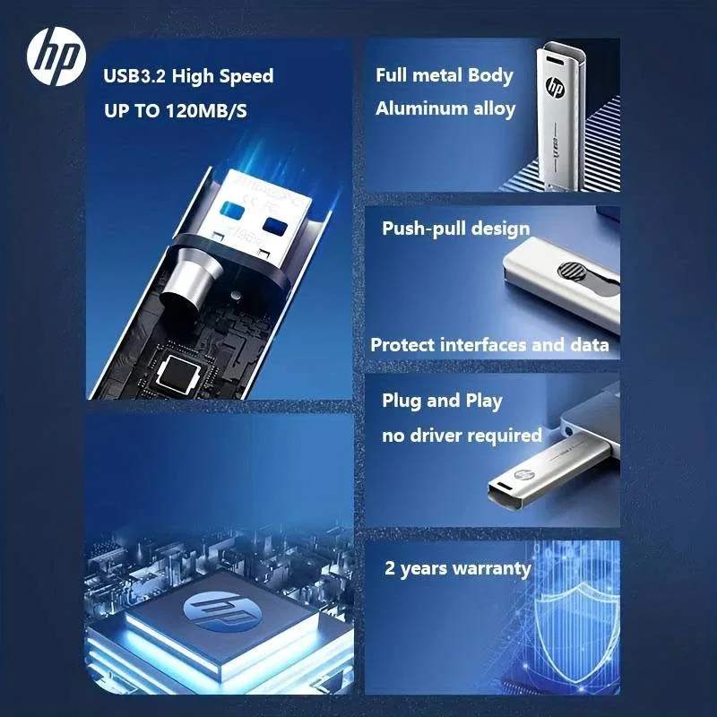 HP USB3.2 Flash Drive 32GB 64GB 128GB 256GB High Speed Sticks External Storage Metal Pen Drive Creative Personality Car Music