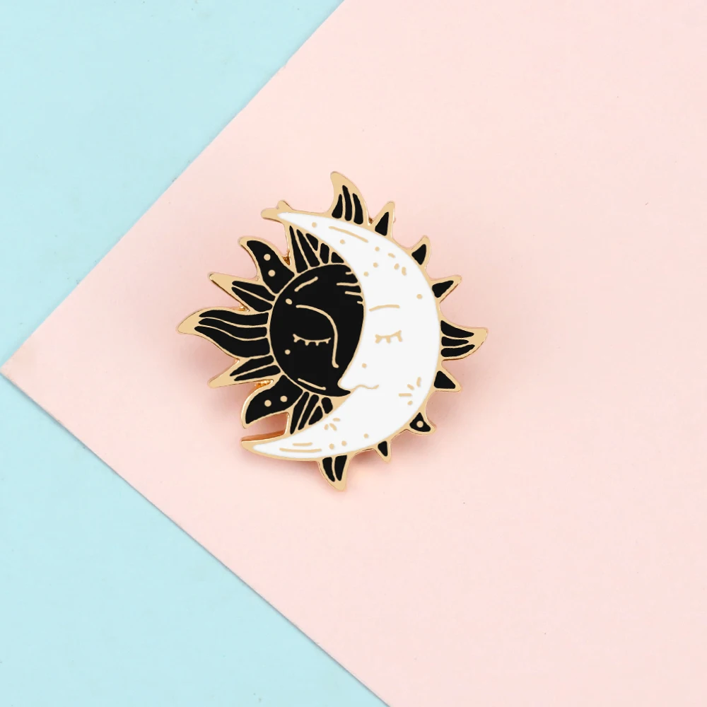 Black White Sun Moon Enamel Pins Gothic Vintage Tarot Adventure Explore Creative Brooch Denim Bag Lapel Jewelry Gift For Friends