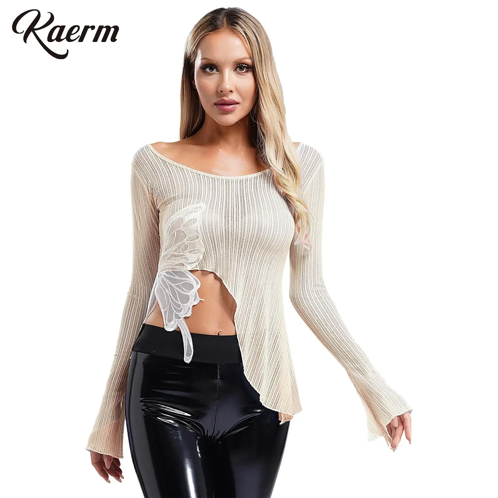 Women Butterfly Asymmetrical Dance Top Round Neck Flared Sleeve Split Ribbed Mesh T-shirt Yoga Latin Ballroom Dance Ballet Wear